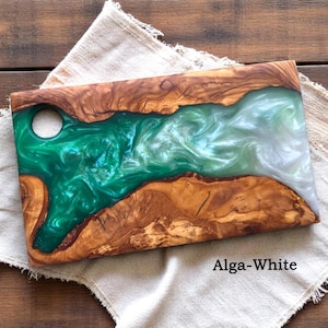 Custom Engraved Olive Wood Charcuterie Board: Resin Epoxy Serving Platter