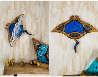 Stingray Wall Art Decor,Olive Wood&Resin Ocean Waves Manta-Ray Wall Art,Resin Beach Home Decor,Resin Ocean Art,Custom Handmade gift for him
