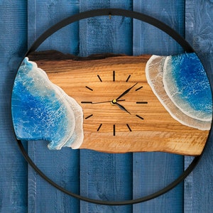 Handmade Olive Wood Resin Ocean Wall Clock - Personalized Home Decor