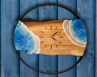 Handmade Olive Wood Resin Ocean Wall Clock - Personalized Home Decor