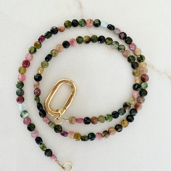 Liv | Watermelon Tourmaline Beaded Necklace 4mm | gold filled | includes oval carabiner | add charms | gemstone statement necklace