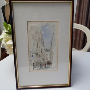 Aquarelle signée - passe-partout, encadrée, Rouen, Bretagne, France, tableau, tableau