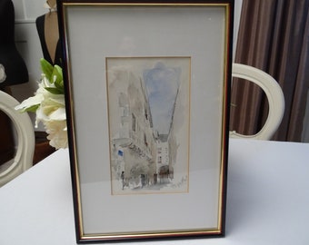 Watercolor signed - mat, framed, Rouen, Brittany, France, picture, painting