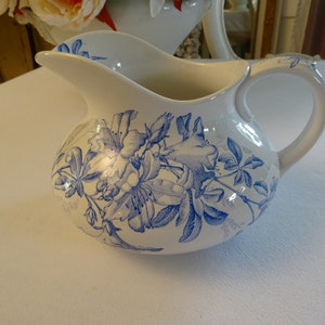 Ancient earthenware - jug, washing jug, water jug, handle, blue flowers, France, Provence, ironstone