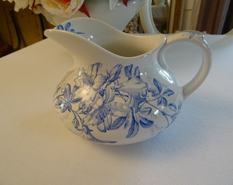 Antiker Steingut - Krug, Waschkrug, Wasserkrug, Henkel, Blaue Blumen, Frankreich, Provence, Ironstone