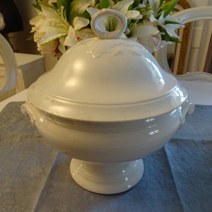 Antique white soupiere with lid by Longwy, earthenware, France, terrine, tableware