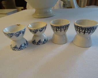 Set of 2 - 1 of 2, Antique egg cups, earthenware, blue, Sarreguemines, France