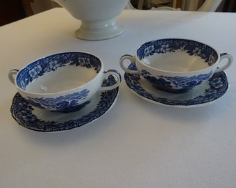 Set Suppen-Tassen, Teetassen, Steingut, Toile de Jouy-Muster, blau, England, Enoch Wedgewood