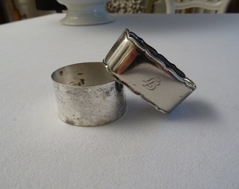 Set of 2 napkin rings, silver-plated, monogram, LB, strong signs of use, France, laid table, vintage