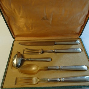 Serving cutlery, 5 pieces, Art Deco jeweler Rochefort-sur-Mer, original packaging, carving set, France, vintage (D)