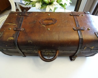 Valise pensionnaire valise cuir doublure lin antique France vintage