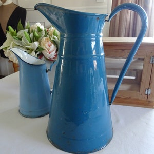 Large antique enamel jug - turquoise / blue from France, vintage, decoration