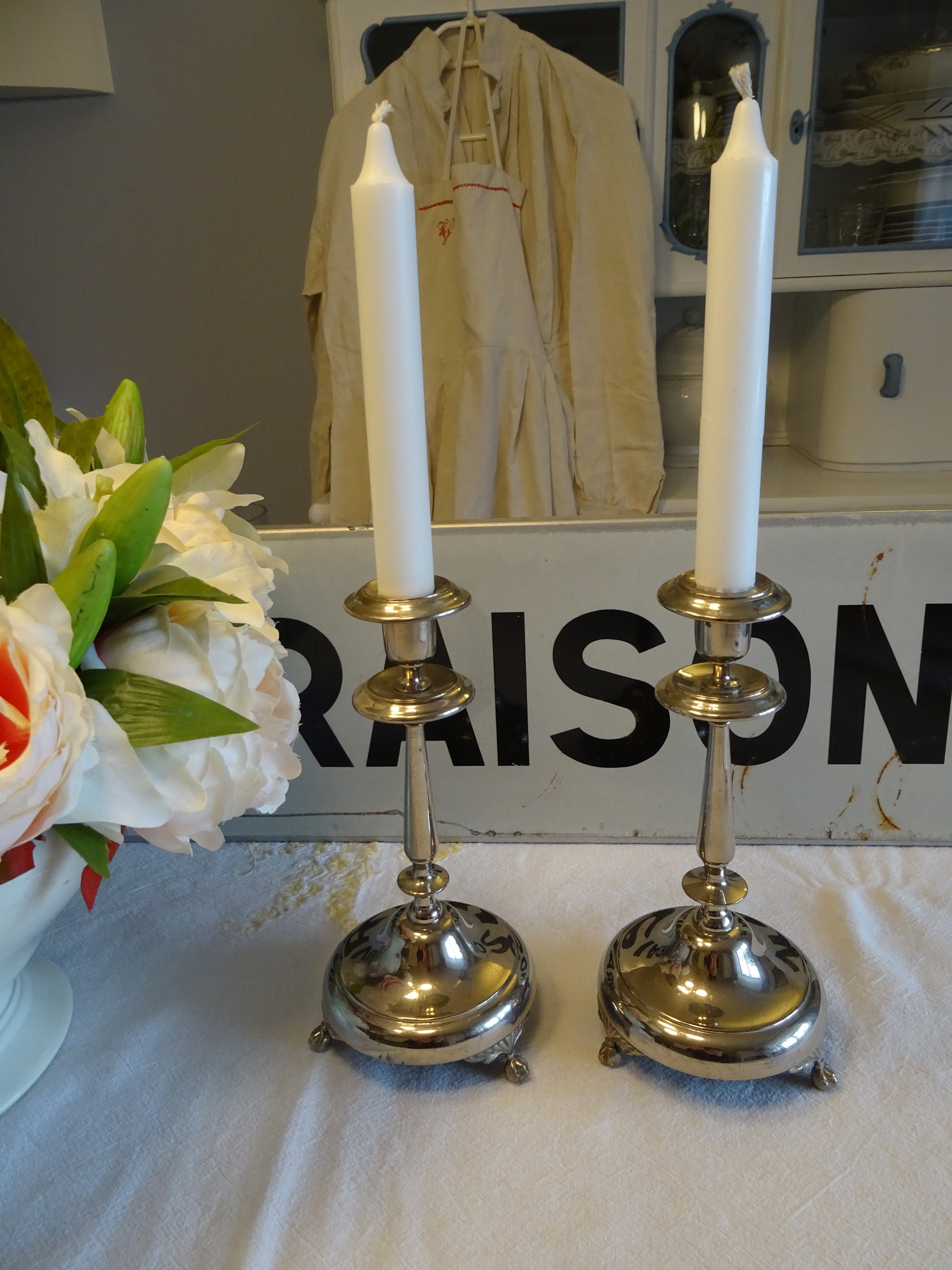 Set of candlesticks, candle holders with claw feet, chrome-plated, Art Deco period, possibly Art Nouveau, antique