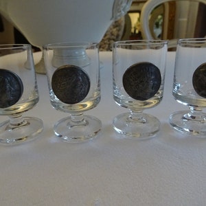 Set of 4, liqueur glasses / shot glasses, drinking glass with Roman / Greek motifs, bar glass