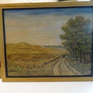 Antique oil painting - signed, Provencal landscape, cornfield, Provence, France, dedication, oil painting