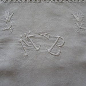 Linen cushion cover with monogram &quot;MB&quot;, tulips, perforated embroidery, France, pillowcase, decorative pillow, vintage