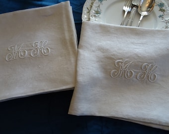 1 linen damask napkin with monogram &quot;MH&quot; from France, antique, vintage, pillowcase