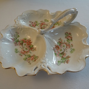 Antique serving plate with handle made of porcelain, France, floral pattern, serving - bowl, bowl, finely worked