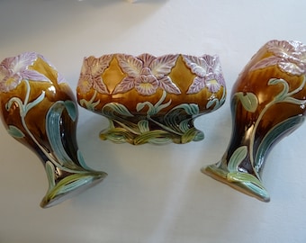 Art Nouveau - Antique set, vases with jardiniere, France, earthenware, hand-painted, rare, special