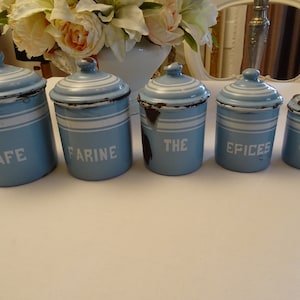 Antique enamel storage box set, light blue, white writing from France, storage, kitchen utensils