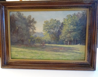 Oil painting on canvas, tree landscape, 1915, signed in original frame, antique