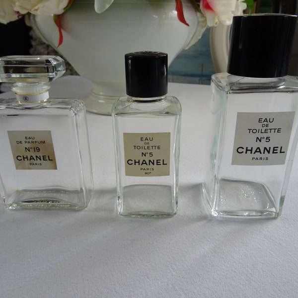 Set di 3 bottiglie Chanel vuote No.5 No.19 buone condizioni Profumo Francia Parigi EdT