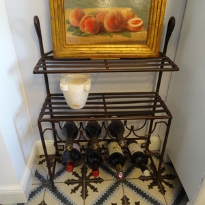 Heavy cast iron shelf, wine rack, Fer Forge, stylized swan heads, iron, patinated, France, Provence