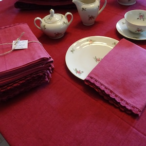 1 of 12, dark red linen napkin with lace trim, France, handmade, vintage (9S)