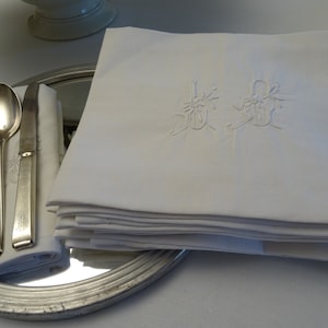 Linen napkin with monogram &quot;LG&quot;, perforated embroidery from France, table linen, antique, vintage