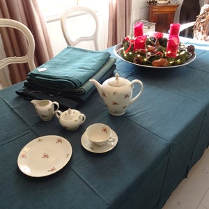 Large tablecloth in different shades of green, linen damask, linen, France, monogram, sheets, antique