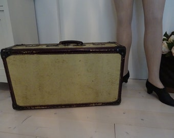 Antique Travel Suitcase, cream coloured, Luggage, Special decoration, Table suitcase