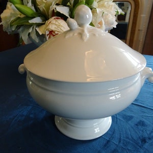 Antique soupiere from France made of white porcelain, rose, shell handles, vintage