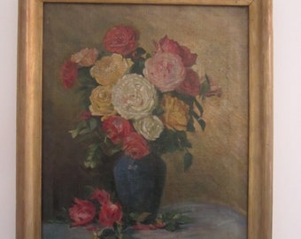Antique Painting, Flowers, Oil on Canvas