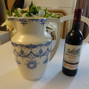 Antique washing jug, water jug, vase, earthenware, France, Art Nouveau, Krug, Iron Stone, French, blue