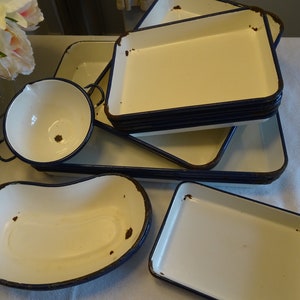 Various antique enamel bowls, dishes, enamel, Paris, France, white, blue, bowl, dish, kidney dish