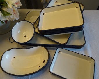 Various antique enamel bowls, dishes, enamel, Paris, France, white, blue, bowl, dish, kidney dish
