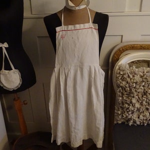 Antique linen apron with monogram, red embroidery, France, kitchen