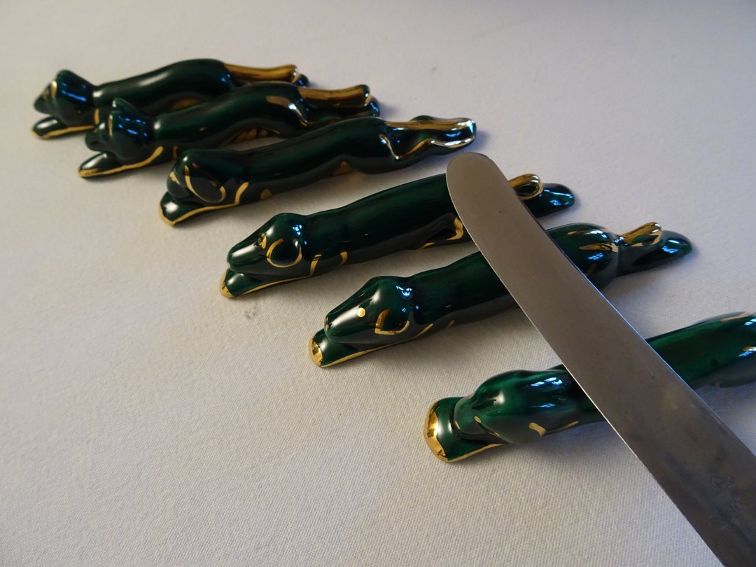 Set of 6 Knife Rests Emerald Green Gold Montour Limoges Dog Cat ...