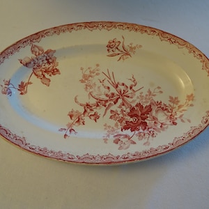 サービングプレート、オーバル、サルグミンヌ、フォンターニュ。牡丹、ボルドーレッド、緑青、ヴィンテージ、フランス、テーブルセッティング