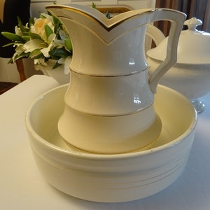 Washing set, jug with earthenware bowl, vase, ironstone, water jug, antique