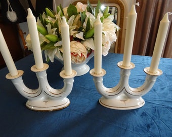 Set of 2 antique candlesticks, candlesticks, candle holders from France, Art Deco, earthenware, ironstone, vintage