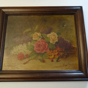 Antique painting, oil on canvas, signed V.STefane, France, 19th century, flower bouquet