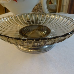 Serving bowl, fruit bowl made of pressed glass with metal base, Art Deco, foot bowl, France, smoked glass