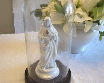 antique glass dome with porcelain figure (Jesus), France, vintage, decoration