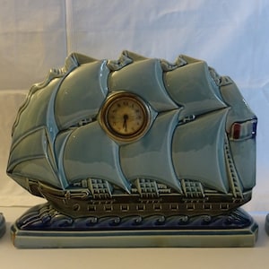 Set - mantel clock and vases, maritime, sailing ship, Sarreguemines, France, coastal decoration, clock, vase, aqua blue