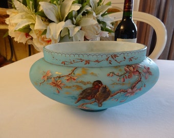 Antique Opal Glass - Vase, Jardiniere, Turquoise, Birds, Hand painted, Provence, France, Special Decorative Treasure