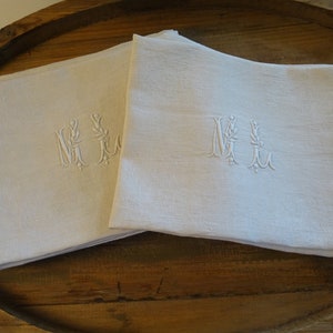 1 of 5, large linen - napkin with monogram ML and flower tendrils, France, pillowcase, tablecloth