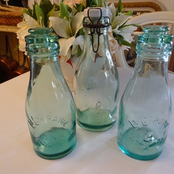 Last antique glass bottles with closure, France, aqua blue, porcelain stopper, La Lorraine