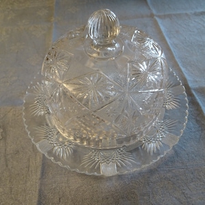 Grande boîte de beurre, cloche de fromage en verre, France, motif en étoile, verre pressé, cloche en verre, cloche