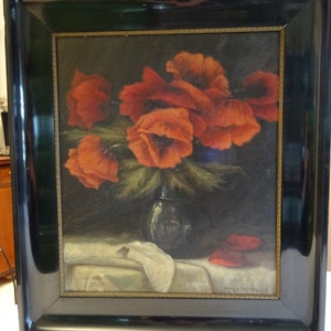 Large antique oil painting - oil on canvas, poppies in shellac frame from 1939, still life
